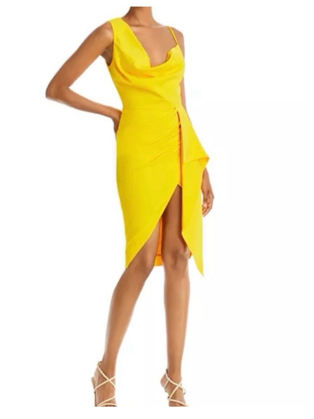 NWT $190 Lavish Alice Bright Yellow Draped Cowl Asymmetric Dress